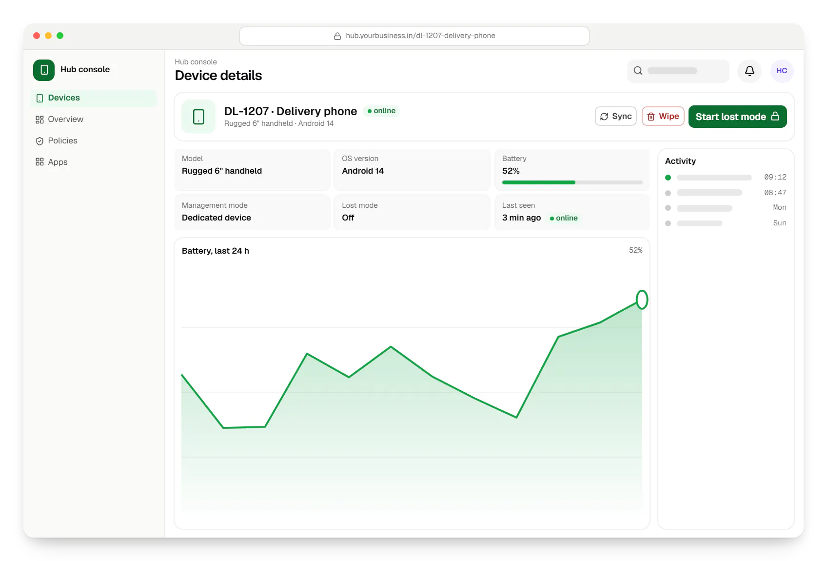 Dedicated device management for logistics, warehouses and delivery fleets hub console device details in a web browser