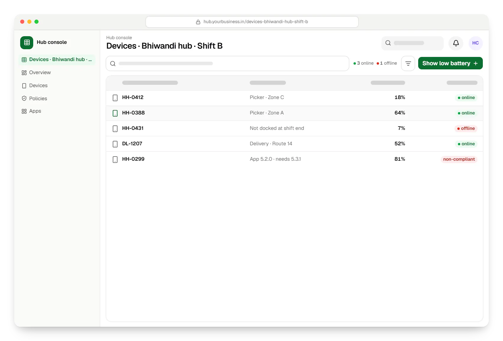 Dedicated device management for logistics, warehouses and delivery fleets hub console devices table in a web browser