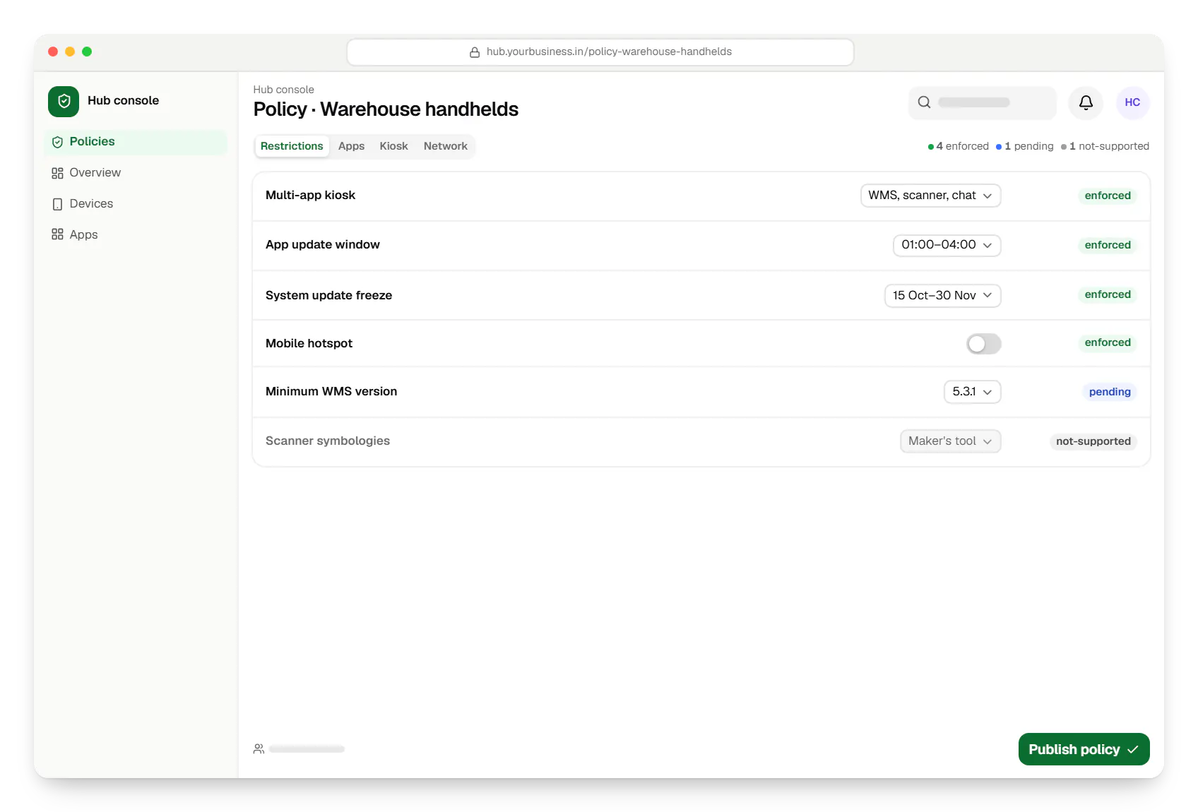 Dedicated device management for logistics, warehouses and delivery fleets hub console policy settings in a web browser