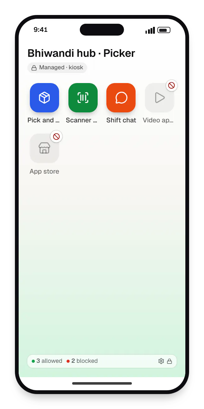 Dedicated device management for logistics, warehouses and delivery fleets shift home screen app launcher on a phone