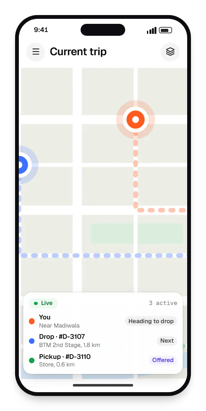 Delivery partner app route map on a phone, with stops and live positions
