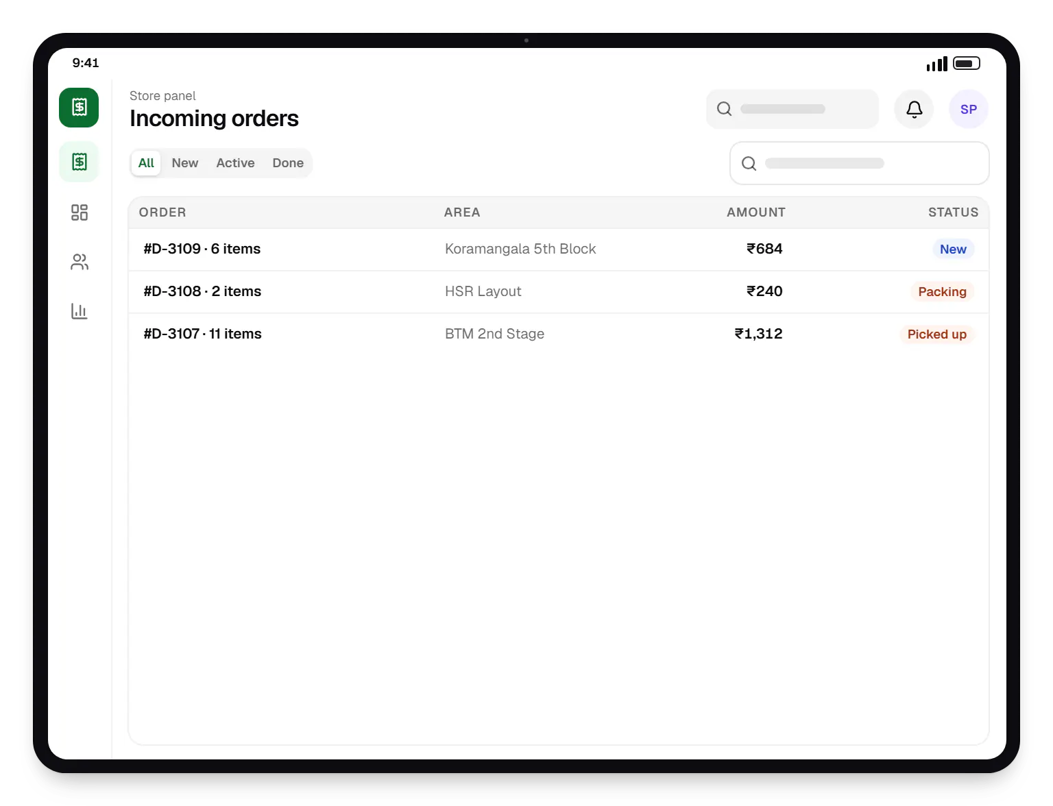Delivery app store panel order list on a tablet, with 3 orders and their status