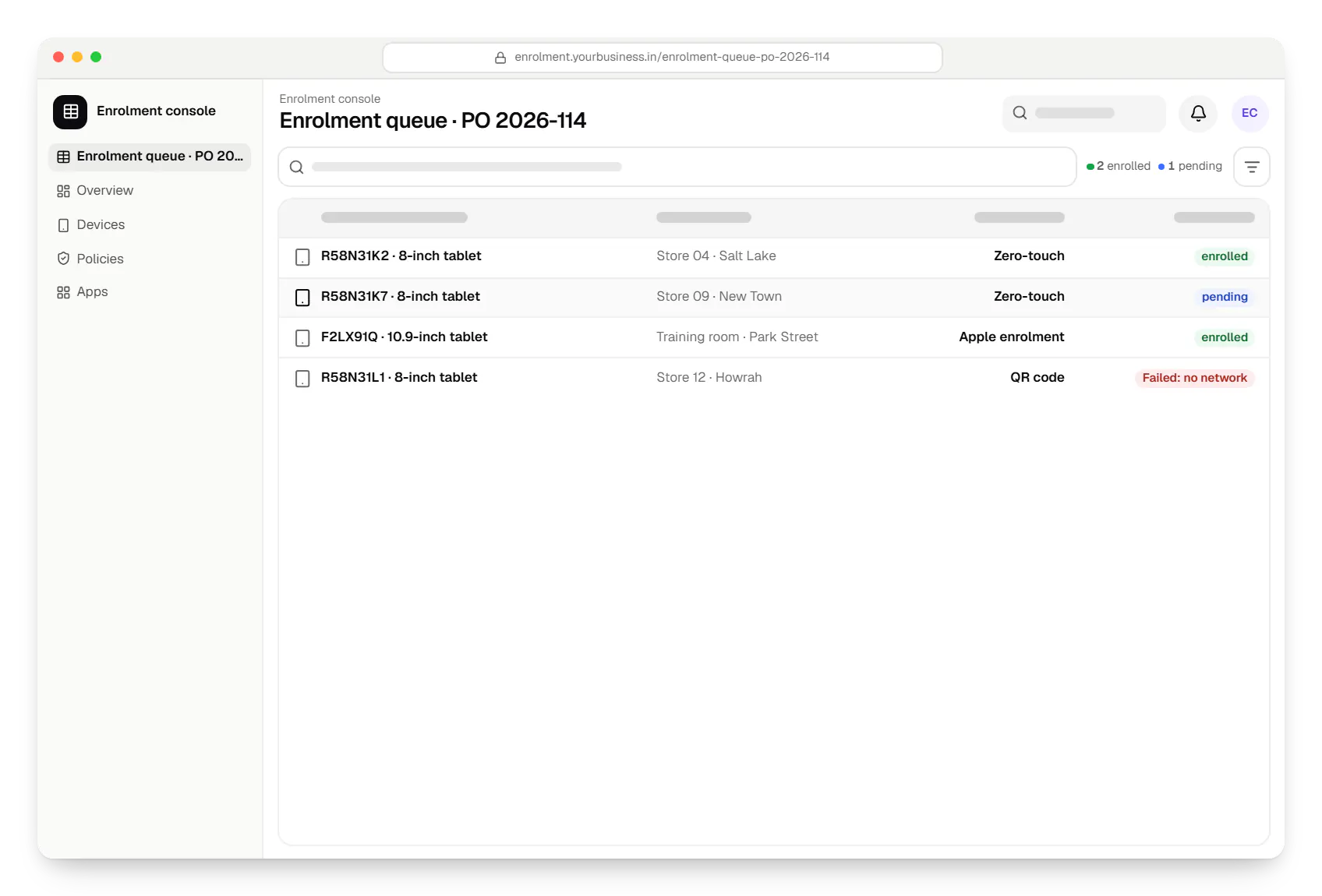 Device enrolment console enrolment queue table in a web browser, with 4 rows and status labels
