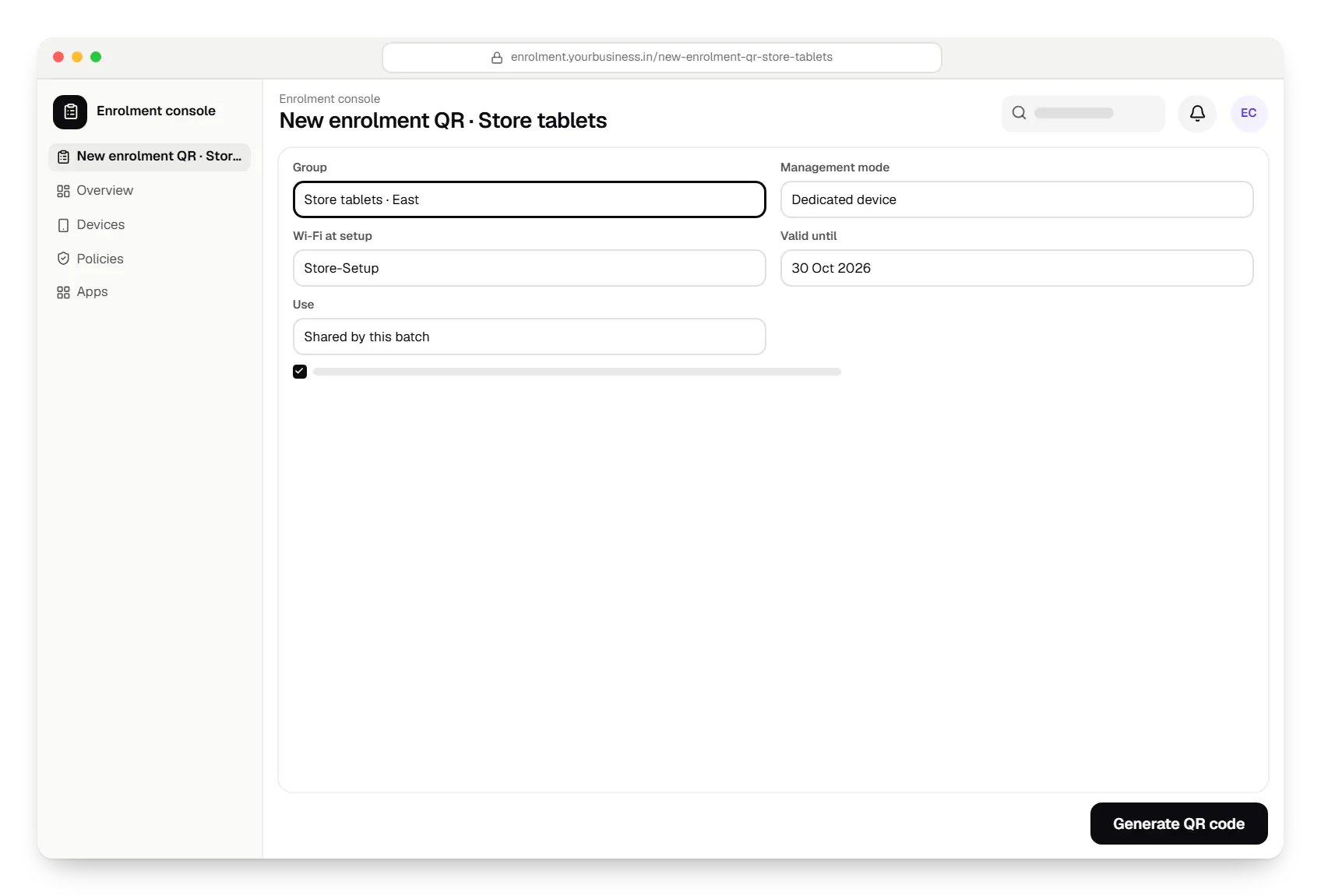 Device enrolment console new enrolment QR in a web browser, with input fields and an action button