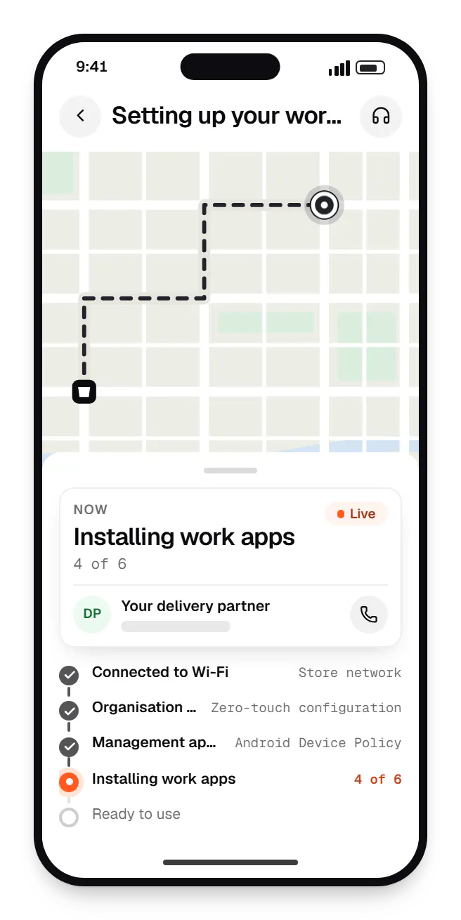 Enrolment device setup order tracking on a phone, with live status steps