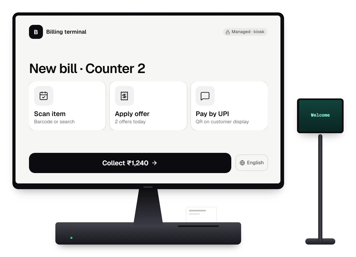 Device management and kiosk solutions billing terminal locked kiosk screen on a countertop POS terminal