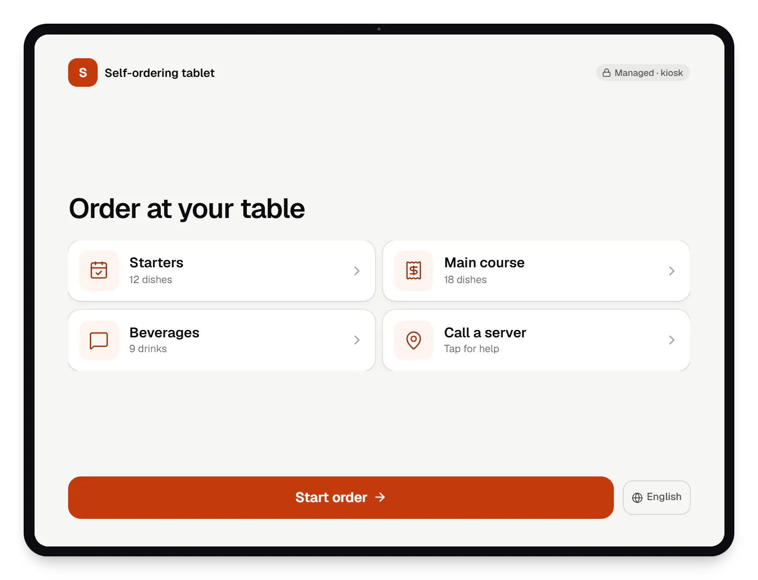 Device management and kiosk solutions self-ordering tablet locked kiosk screen on a tablet