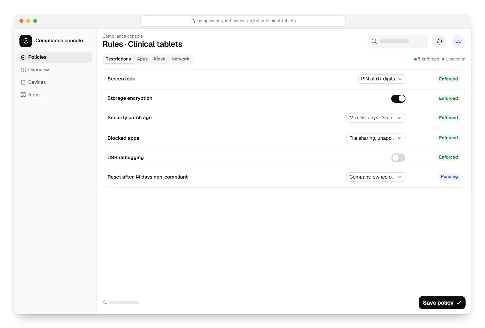 Device security and compliance console policy settings in a web browser