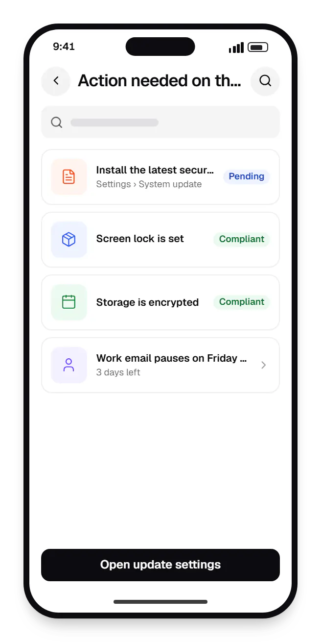 Device security and compliance work app notice action needed on this phone on a phone, with 4 entries