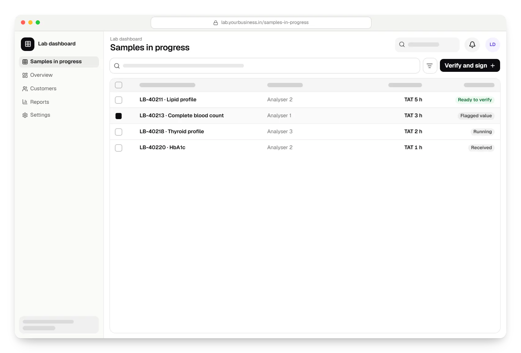 Diagnostic software lab dashboard samples in progress table in a web browser, with 4 rows and status labels