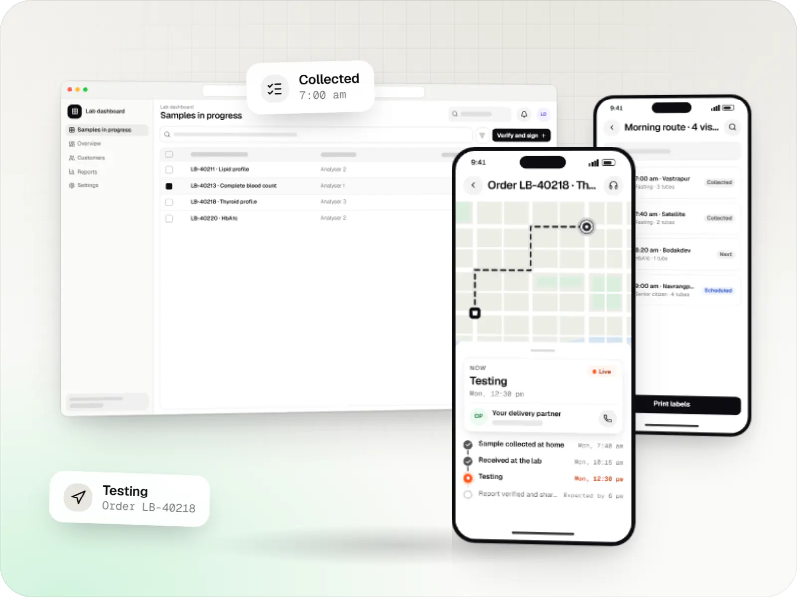 Diagnostic lab software screens: lab dashboard in a browser, patient app on a phone and phlebotomist app on a phone