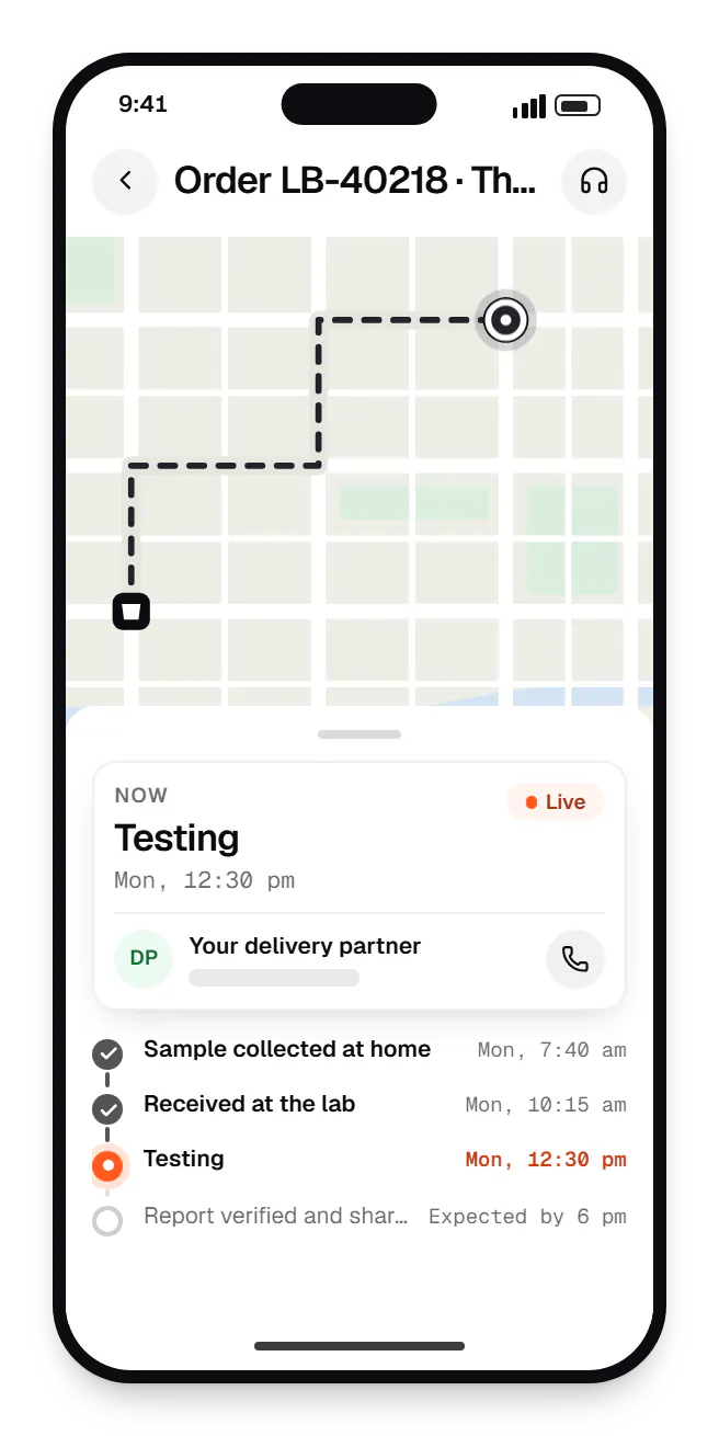Diagnostic lab software patient app order tracking on a phone, with live status steps