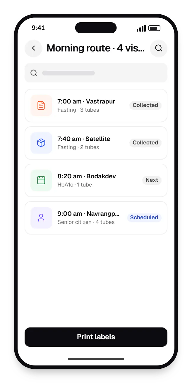 Diagnostic lab software phlebotomist app morning route on a phone, with 4 entries