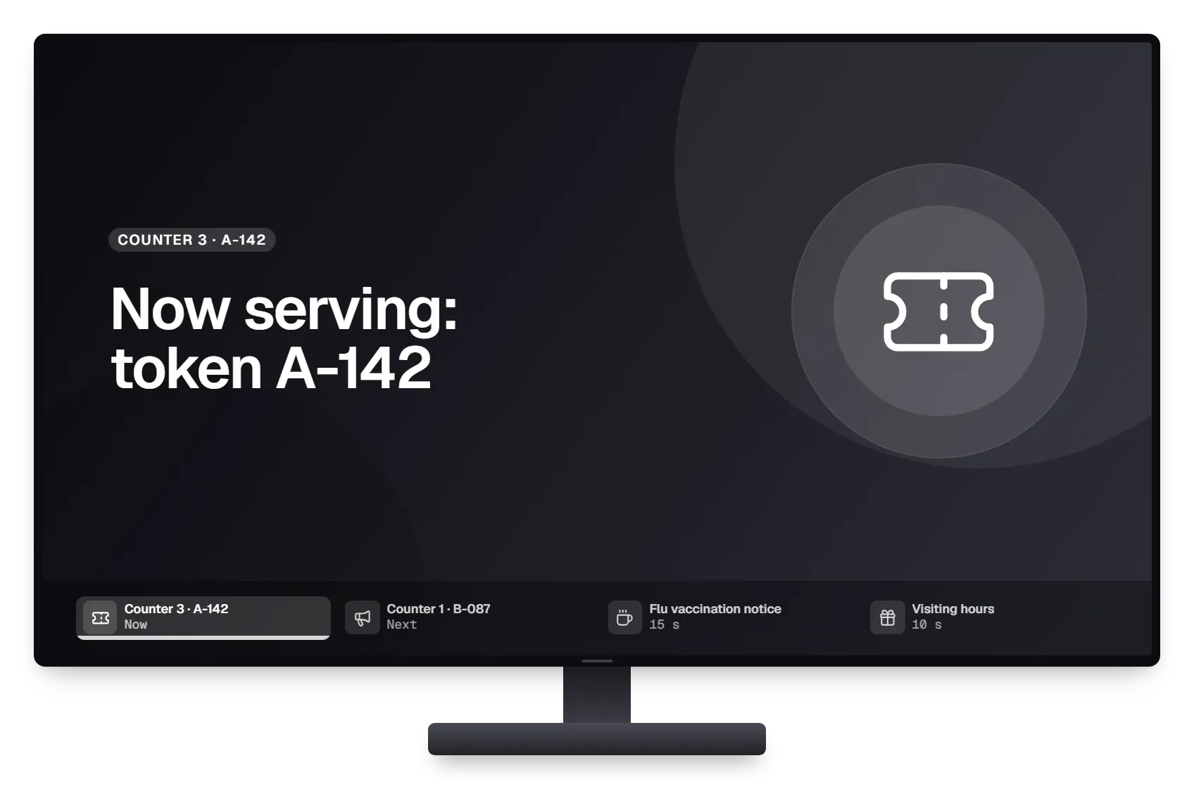 Digital signage queue screen signage playlist on a TV display