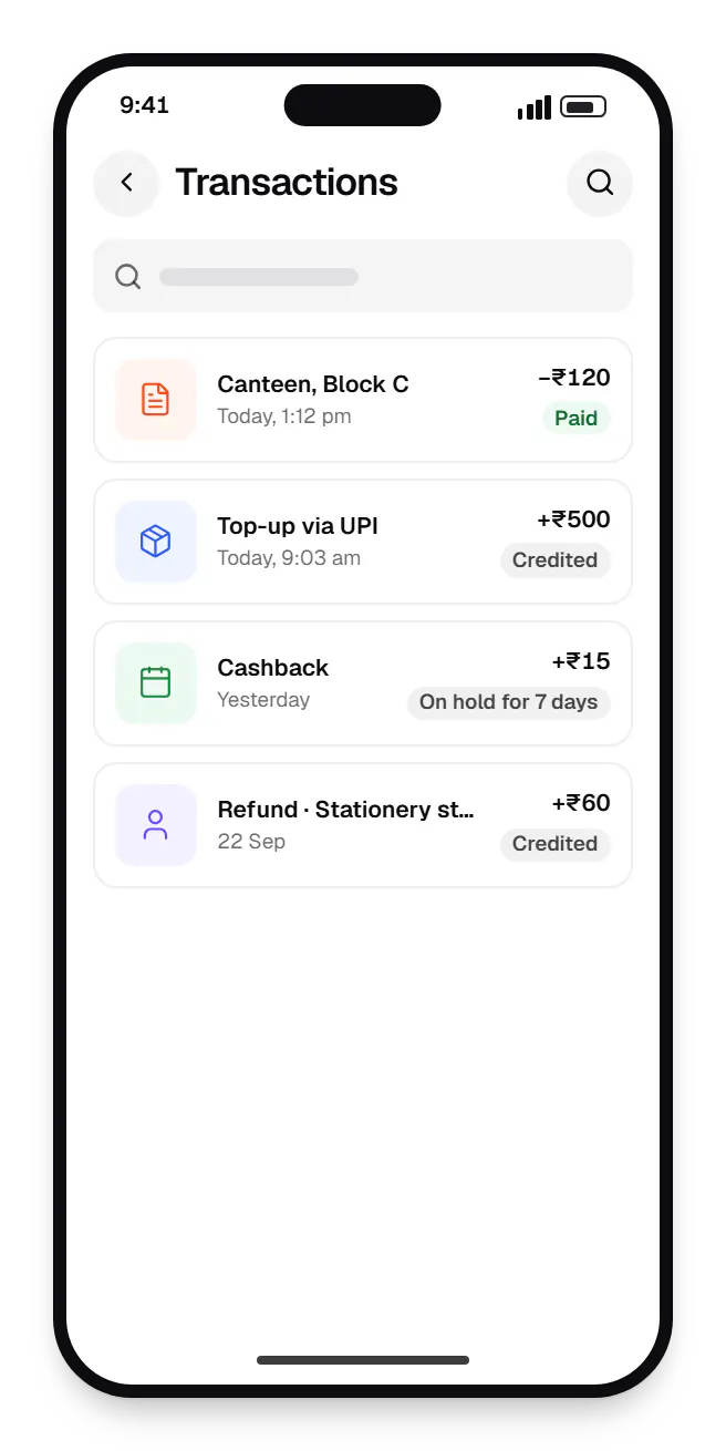 Digital wallet user app transactions on a phone, with 4 entries