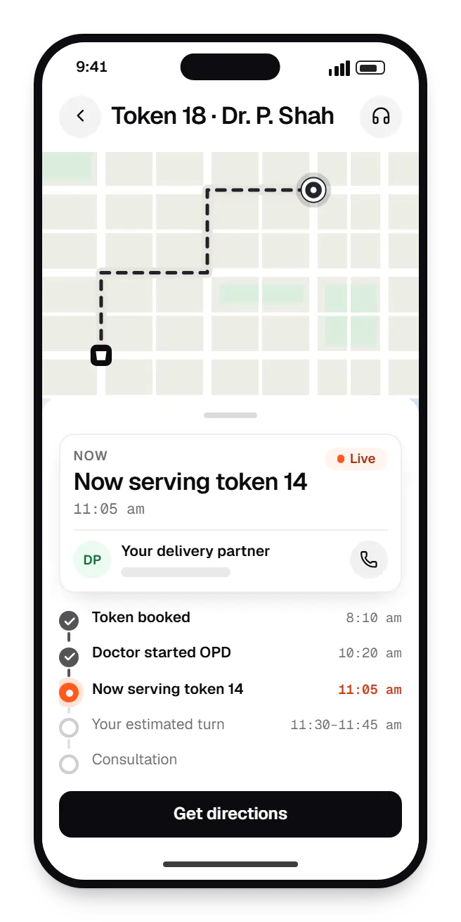 Doctor appointment patient app order tracking on a phone, with live status steps