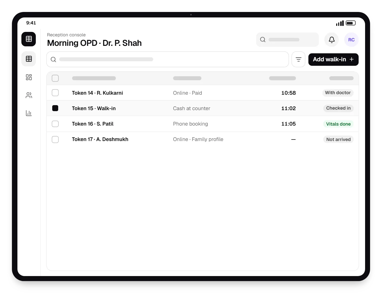 Doctor appointment app reception console morning OPD table on a tablet, with 4 rows and status labels