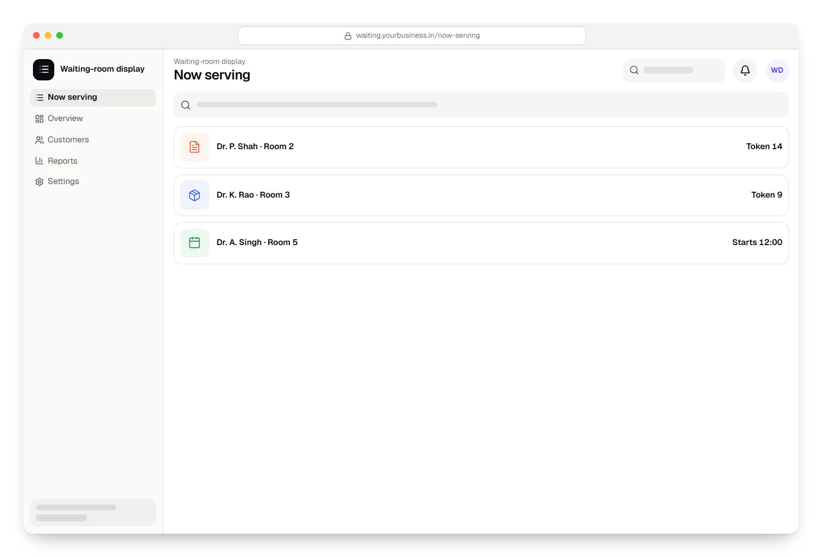 Doctor appointment app waiting-room display now serving in a web browser, with 3 entries