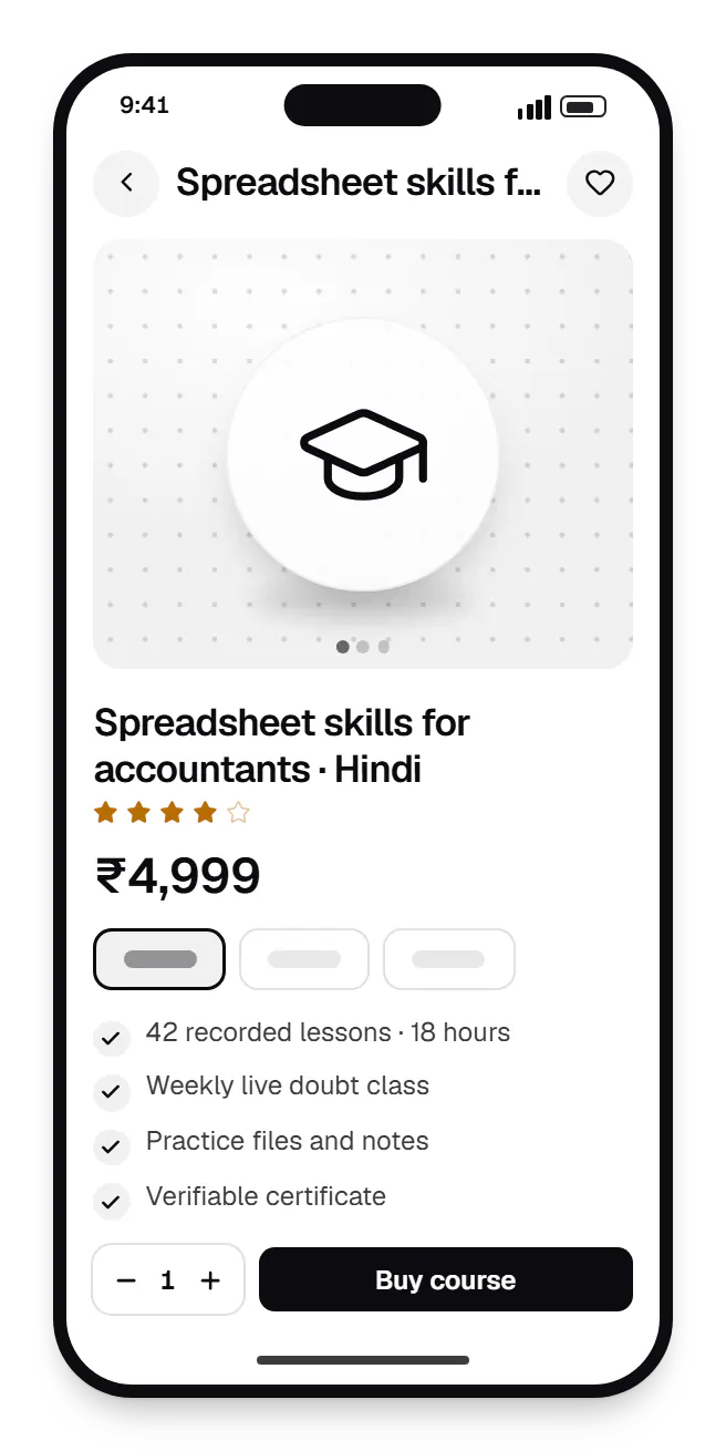 E-learning platform learner app product page on a phone, for spreadsheet skills for accountants, with price and options