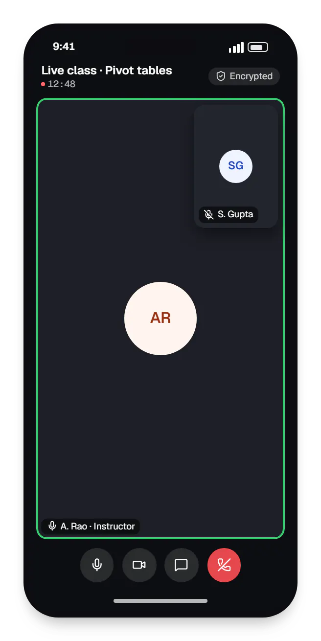 E-learning platform learner app video consultation on a phone, with call controls