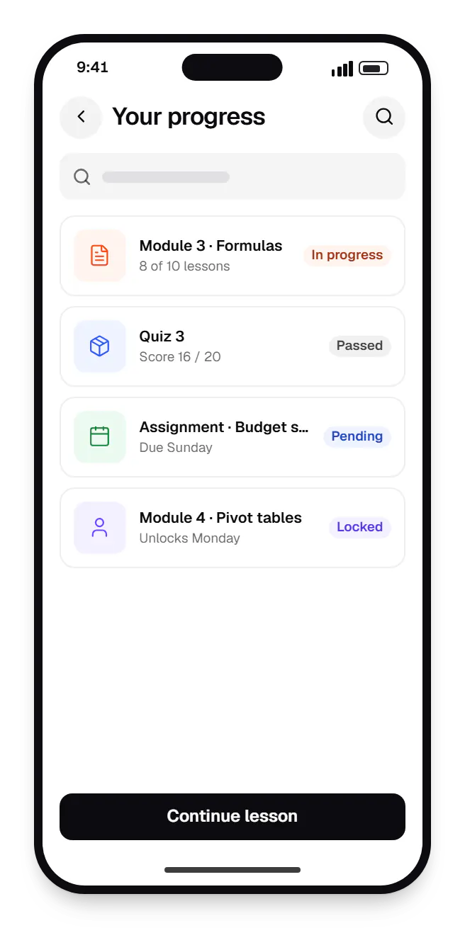 E-learning platform learner app your progress on a phone, with 4 entries
