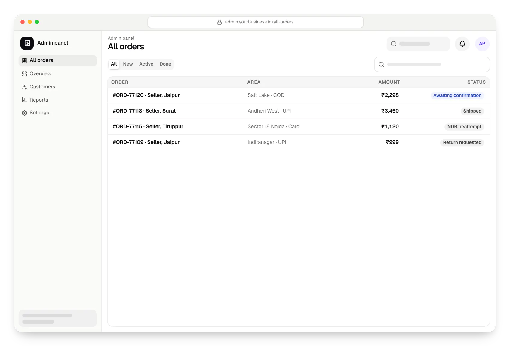 E-commerce admin panel order list in a web browser, with 4 orders and their status