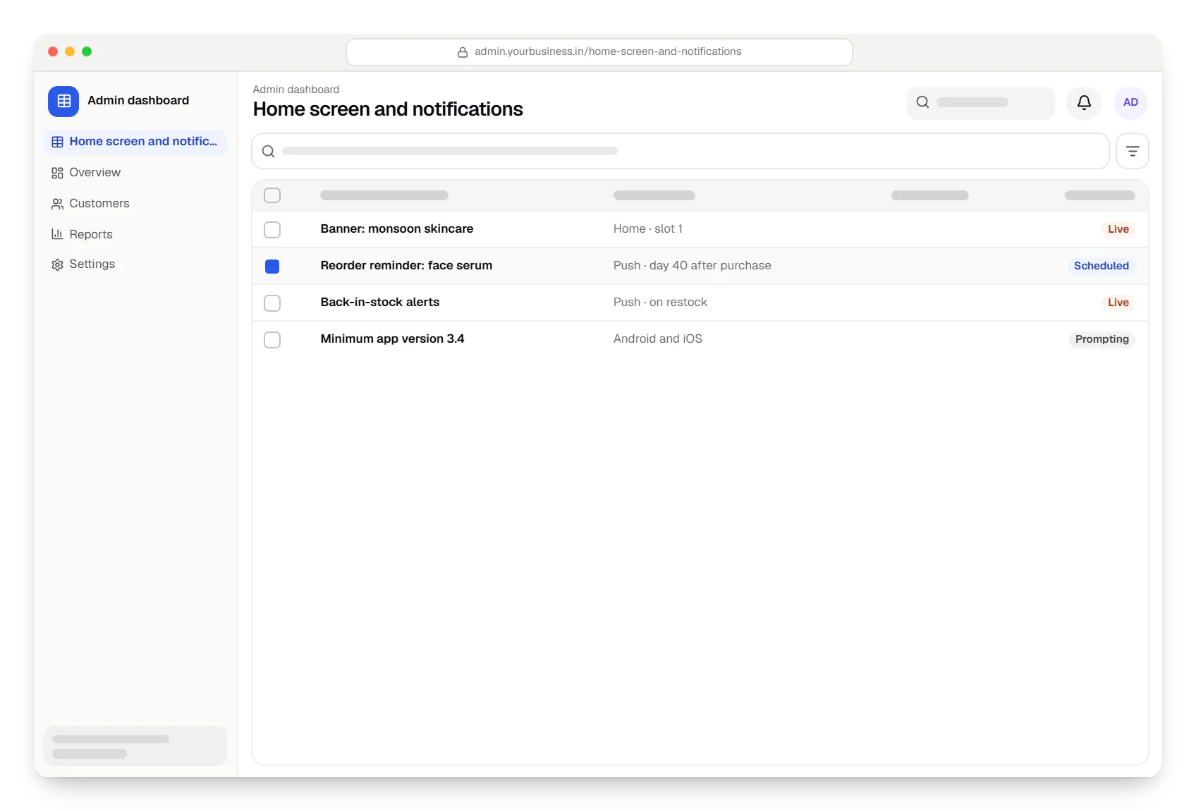 E-commerce app admin dashboard home screen and notifications table in a web browser, with 4 rows and status labels