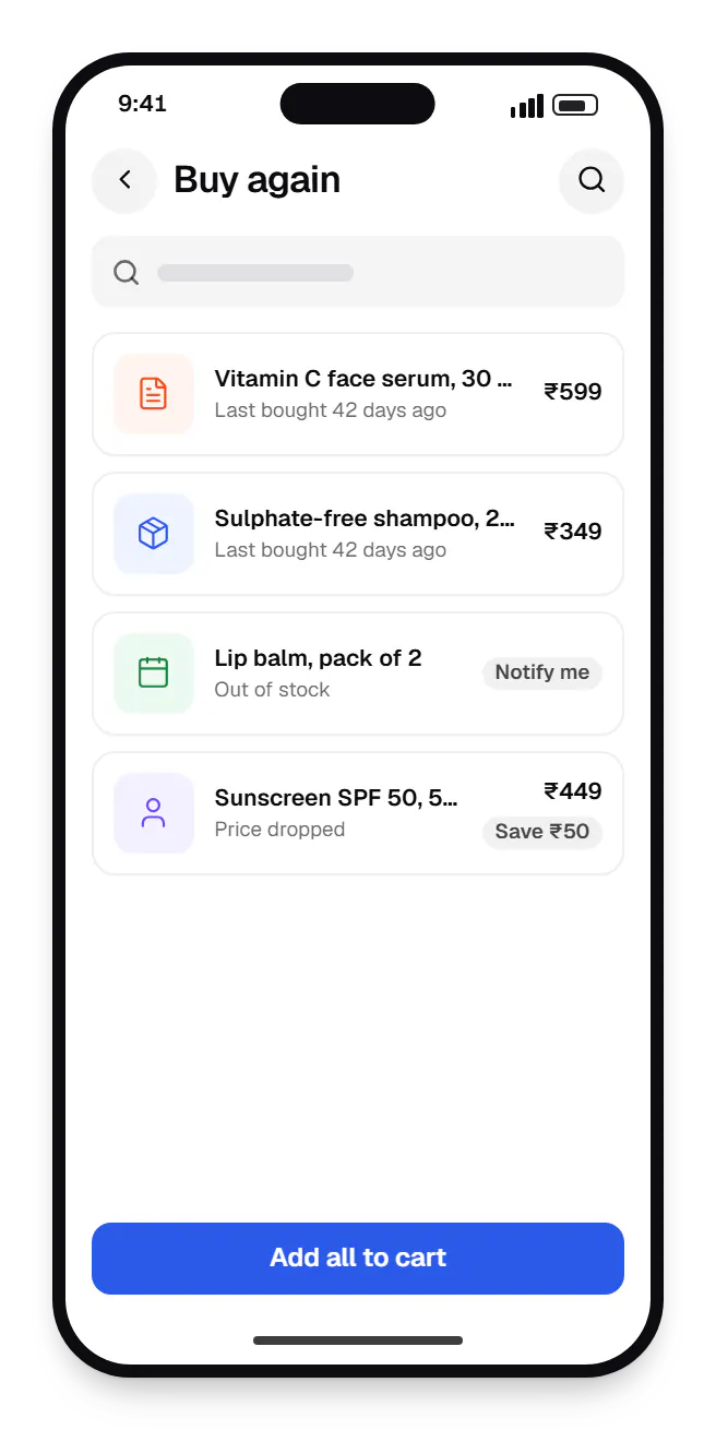 E-commerce customer app buy again on a phone, with 4 entries