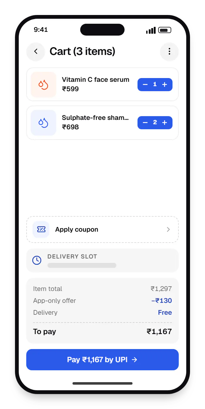 E-commerce customer app cart on a phone, with 3 items and the order total