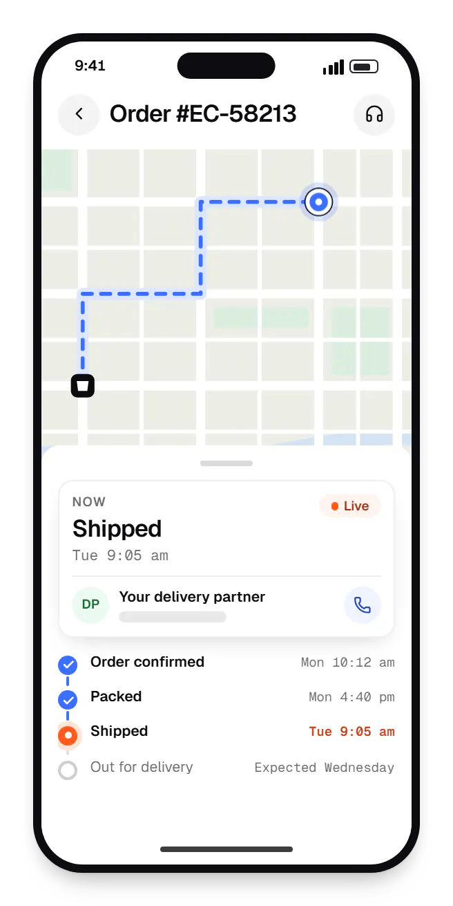 E-commerce customer app order tracking on a phone, with live status steps