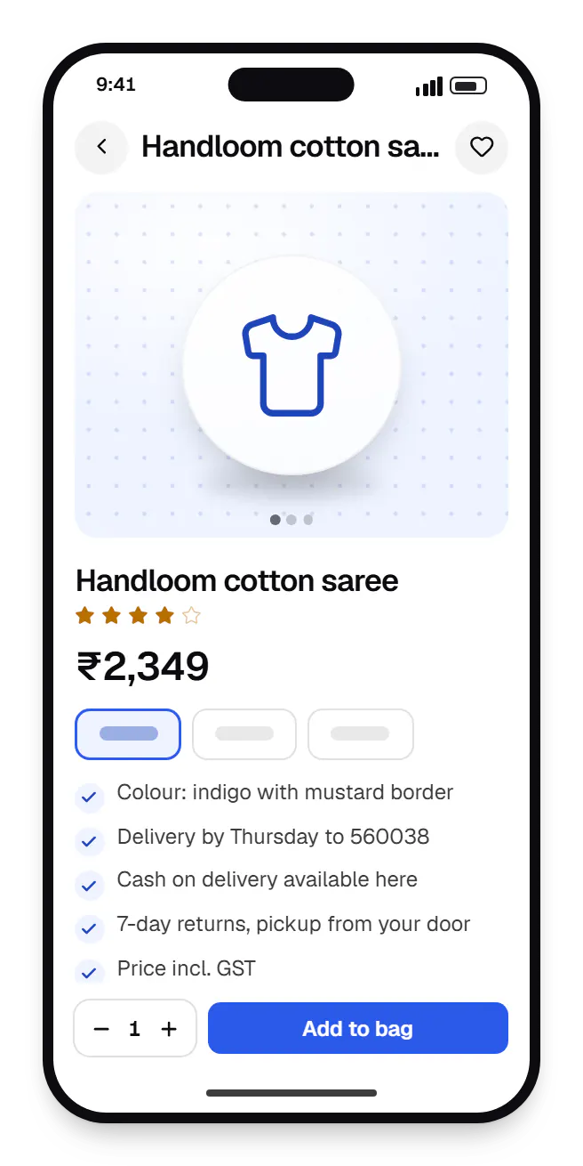 E-commerce and marketplaces online store product page on a phone, for handloom cotton saree, with price and options