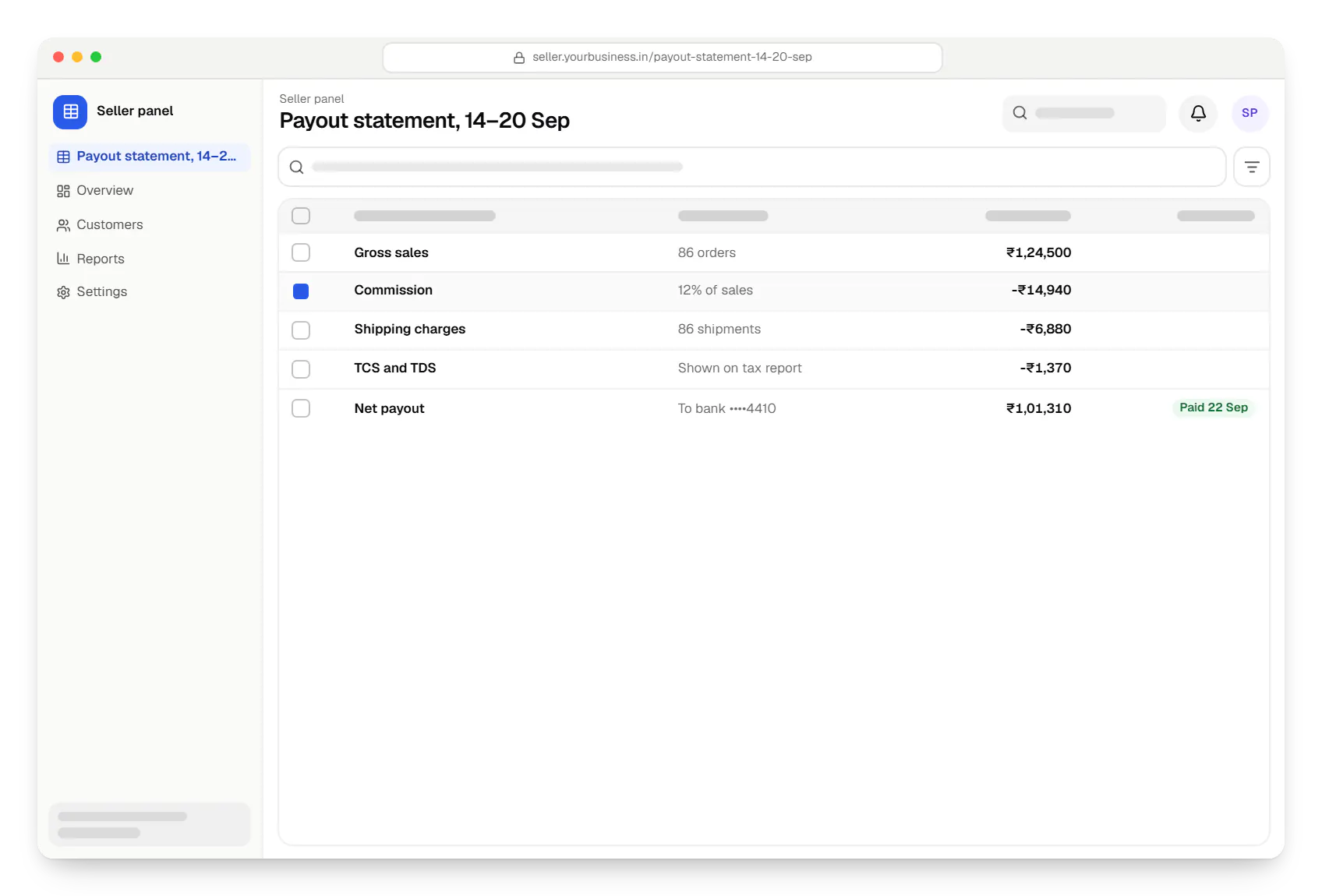 E-commerce and marketplaces seller panel payout statement, 14–20 Sep table in a web browser, with 5 rows and status labels