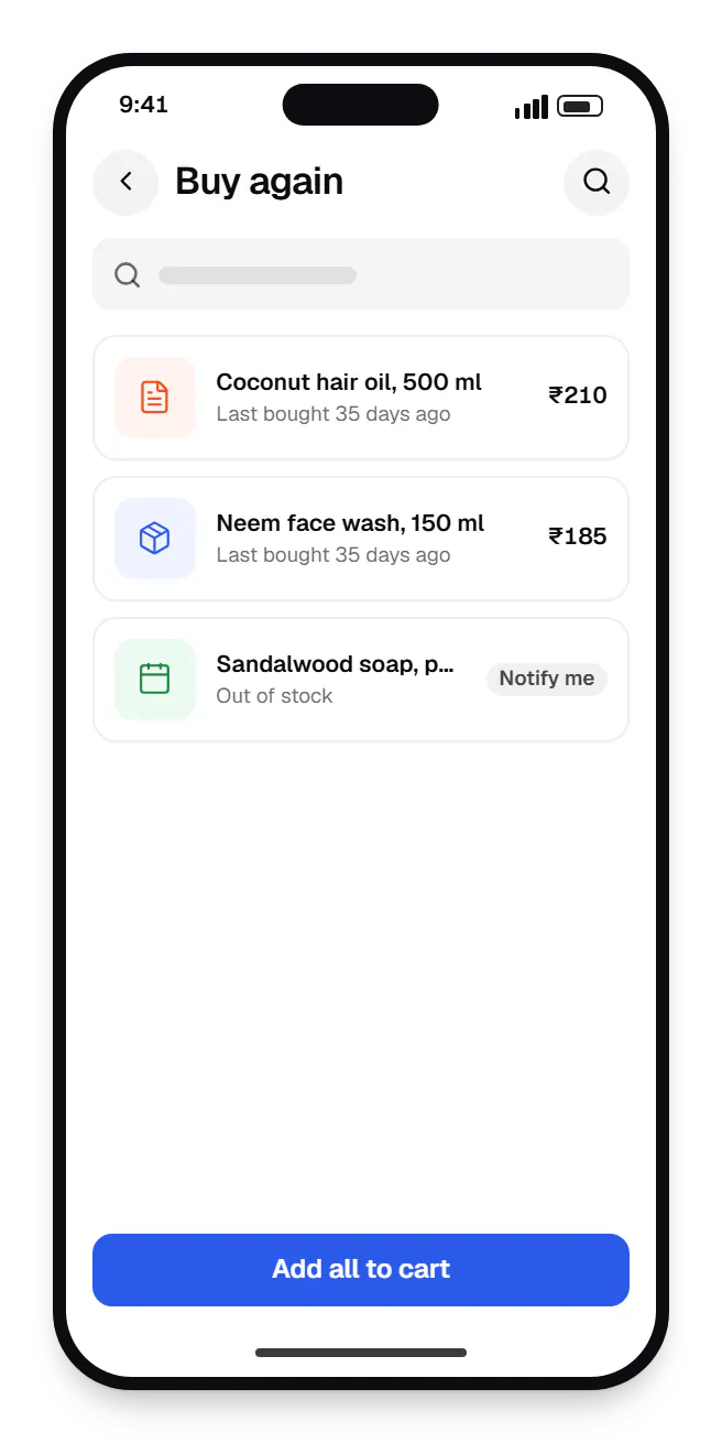 E-commerce and marketplaces shopping app buy again on a phone, with 3 entries
