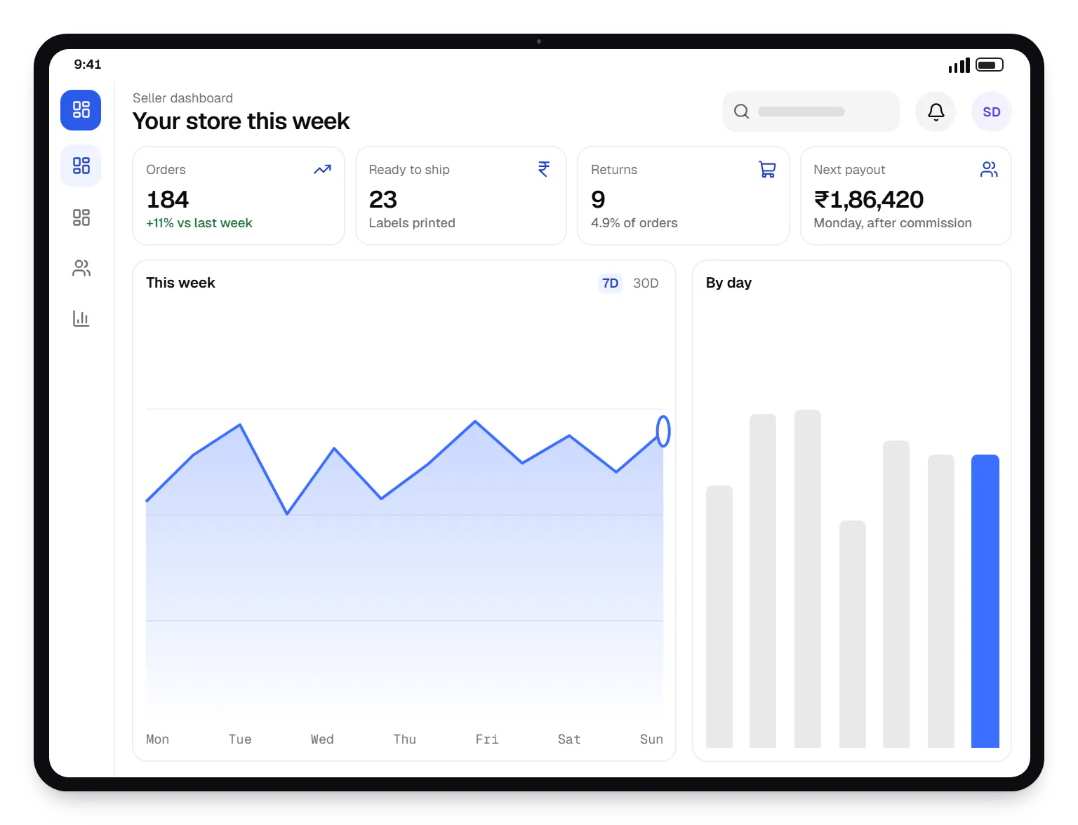 E-commerce seller dashboard on a tablet, with key figures and a chart