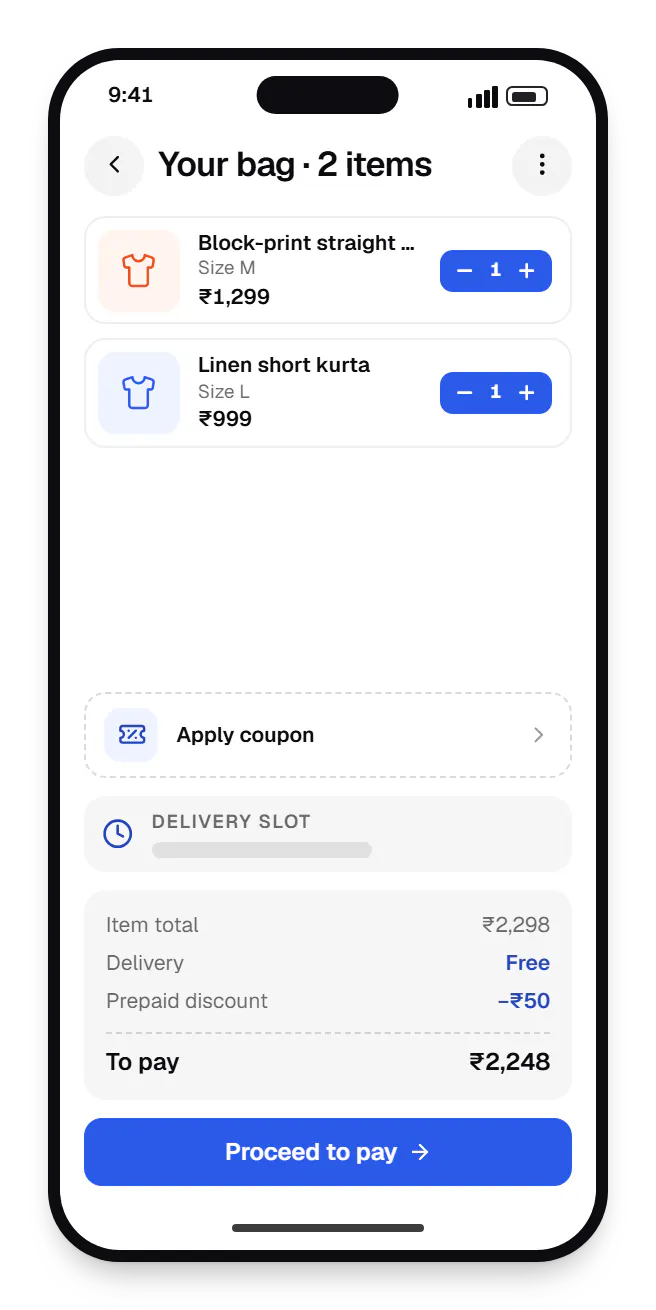 E-commerce shopping app cart on a phone, with 4 items and the order total