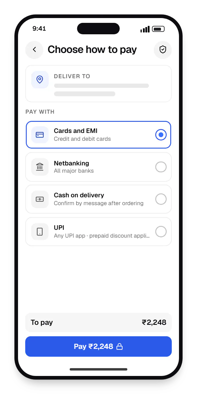 E-commerce shopping app checkout on a phone, with cards and EMI, netbanking and cash on delivery options