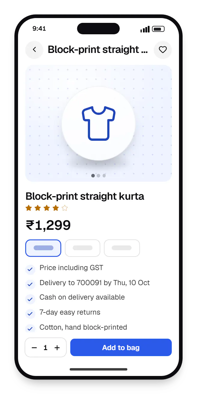 E-commerce shopping app product page on a phone, for block-print straight kurta, with price and options