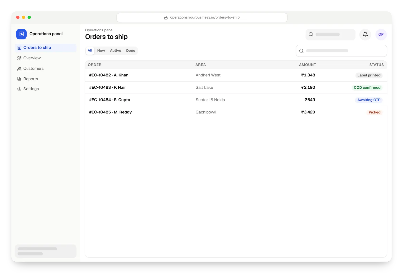 E-commerce software operations panel order list in a web browser, with 4 orders and their status