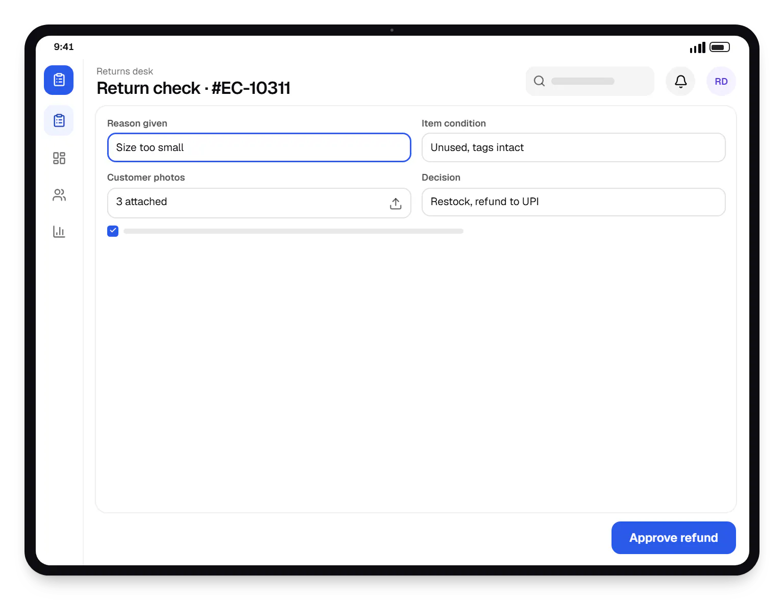 E-commerce software returns desk return check on a tablet, with input fields and an action button