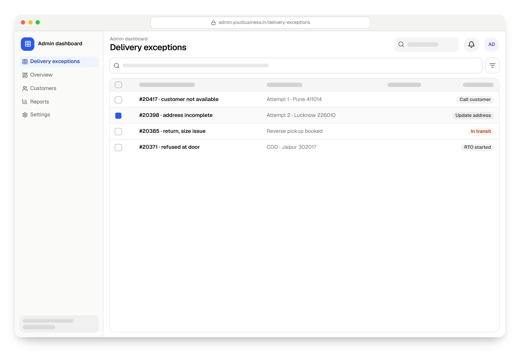 E-commerce website admin dashboard delivery exceptions table in a web browser, with 4 rows and status labels