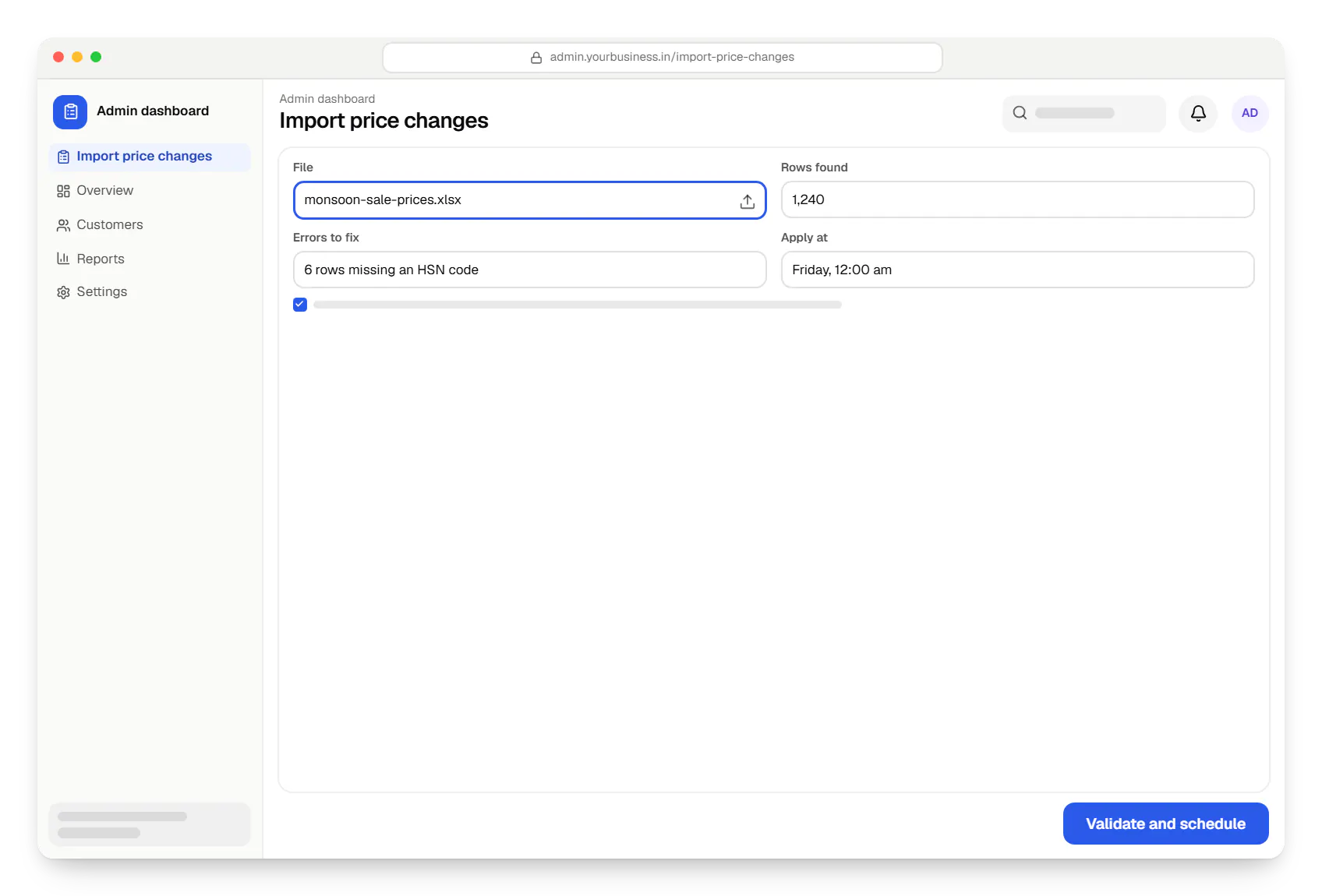 E-commerce website admin dashboard import price changes in a web browser, with input fields and an action button
