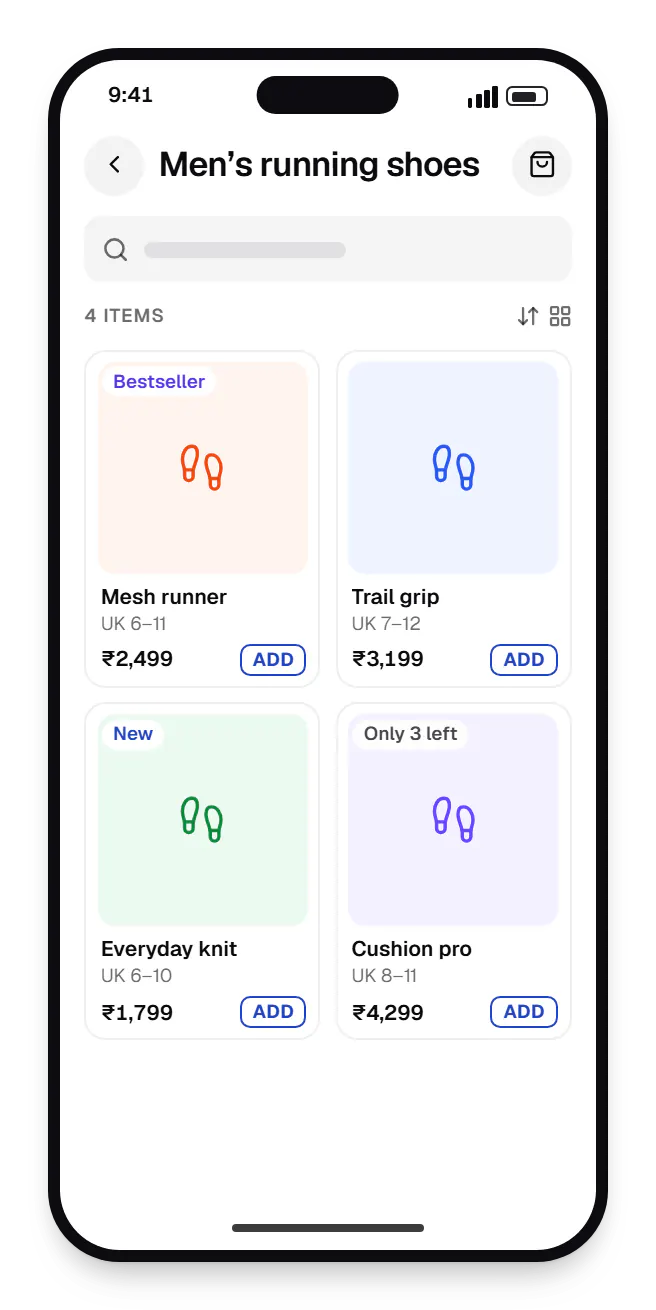E-commerce website online store catalogue on a phone, showing men’s running shoes with prices