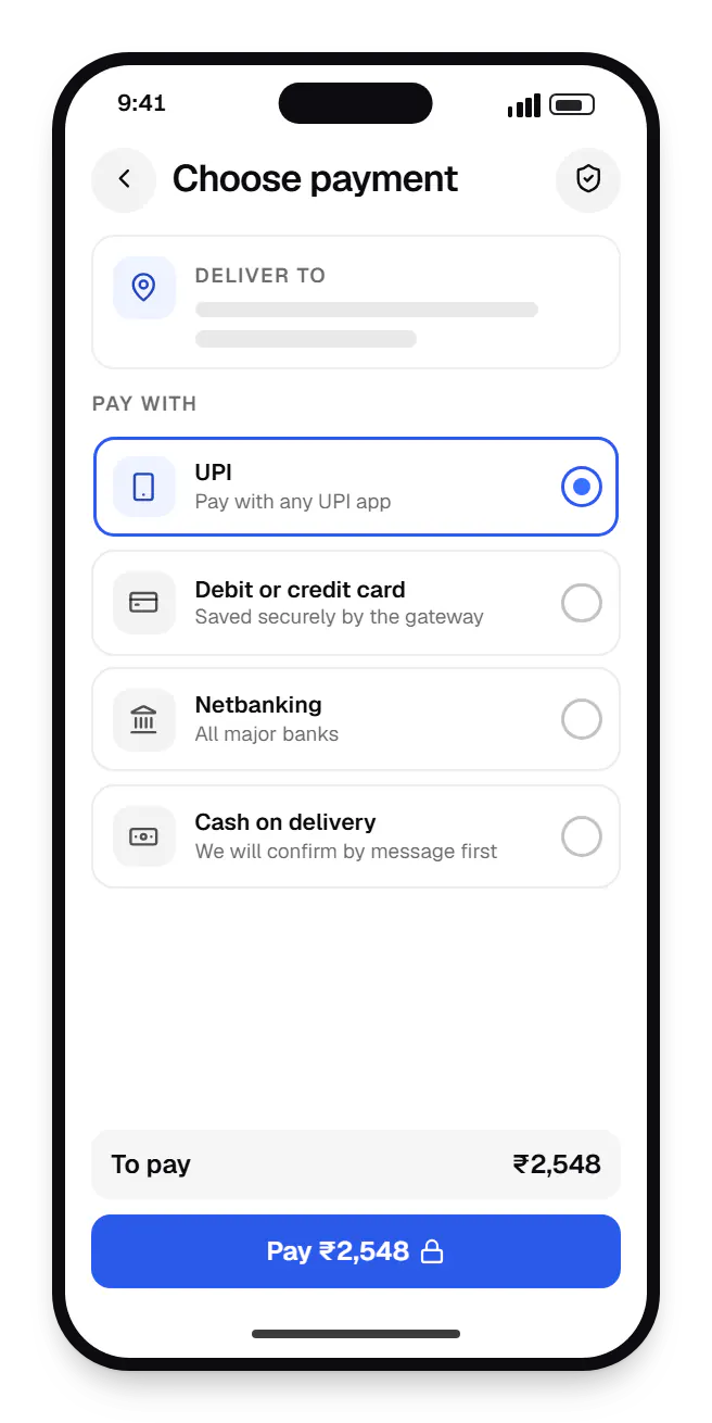 E-commerce website online store checkout on a phone, with UPI, debit or credit card and netbanking options