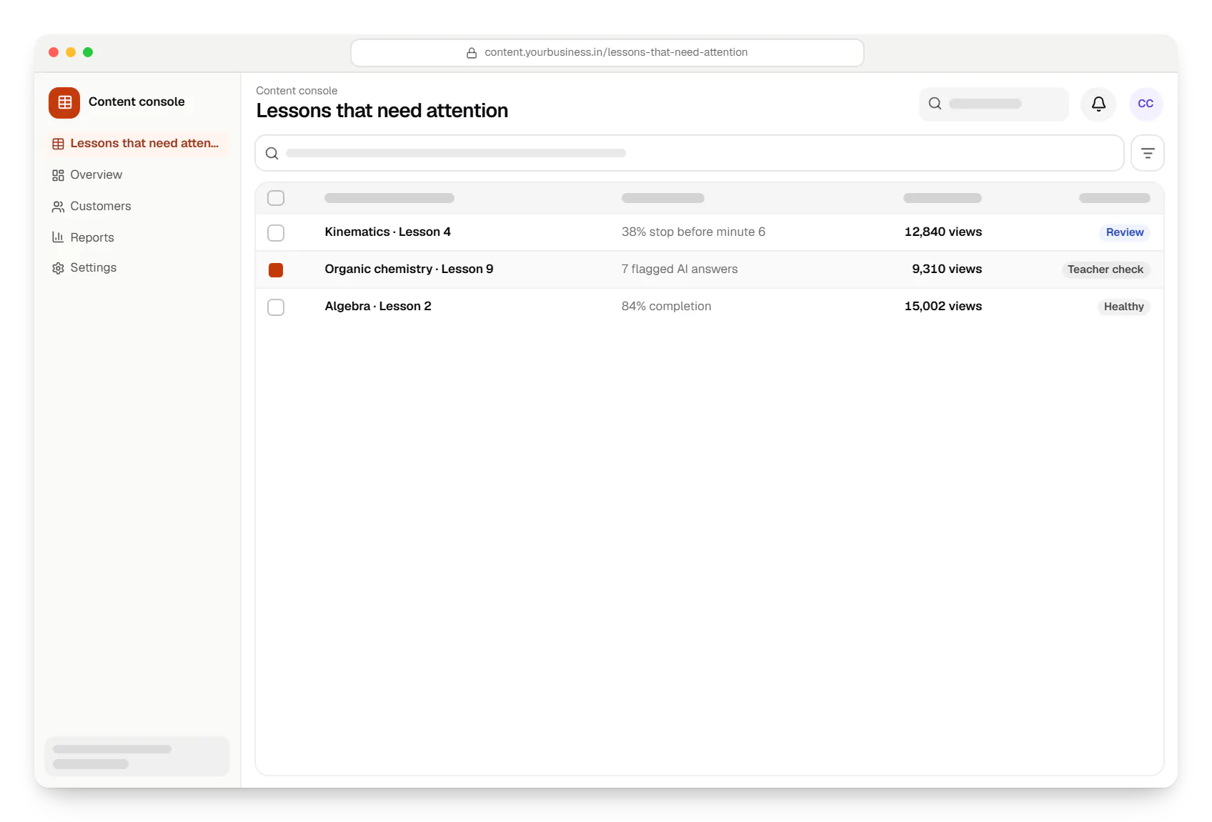 EdTech software content console lessons that need attention table in a web browser, with 3 rows and status labels