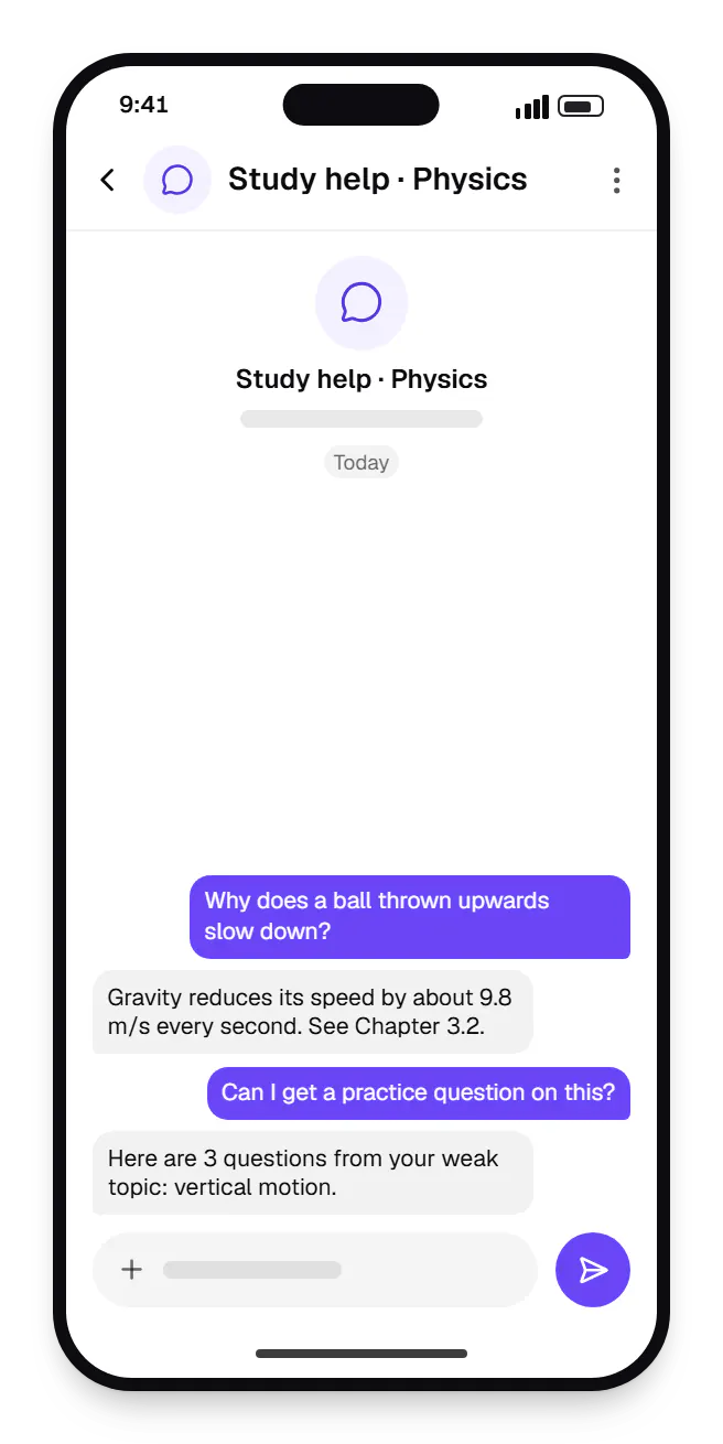 EdTech software learner app chat on a phone, with a question and a reply