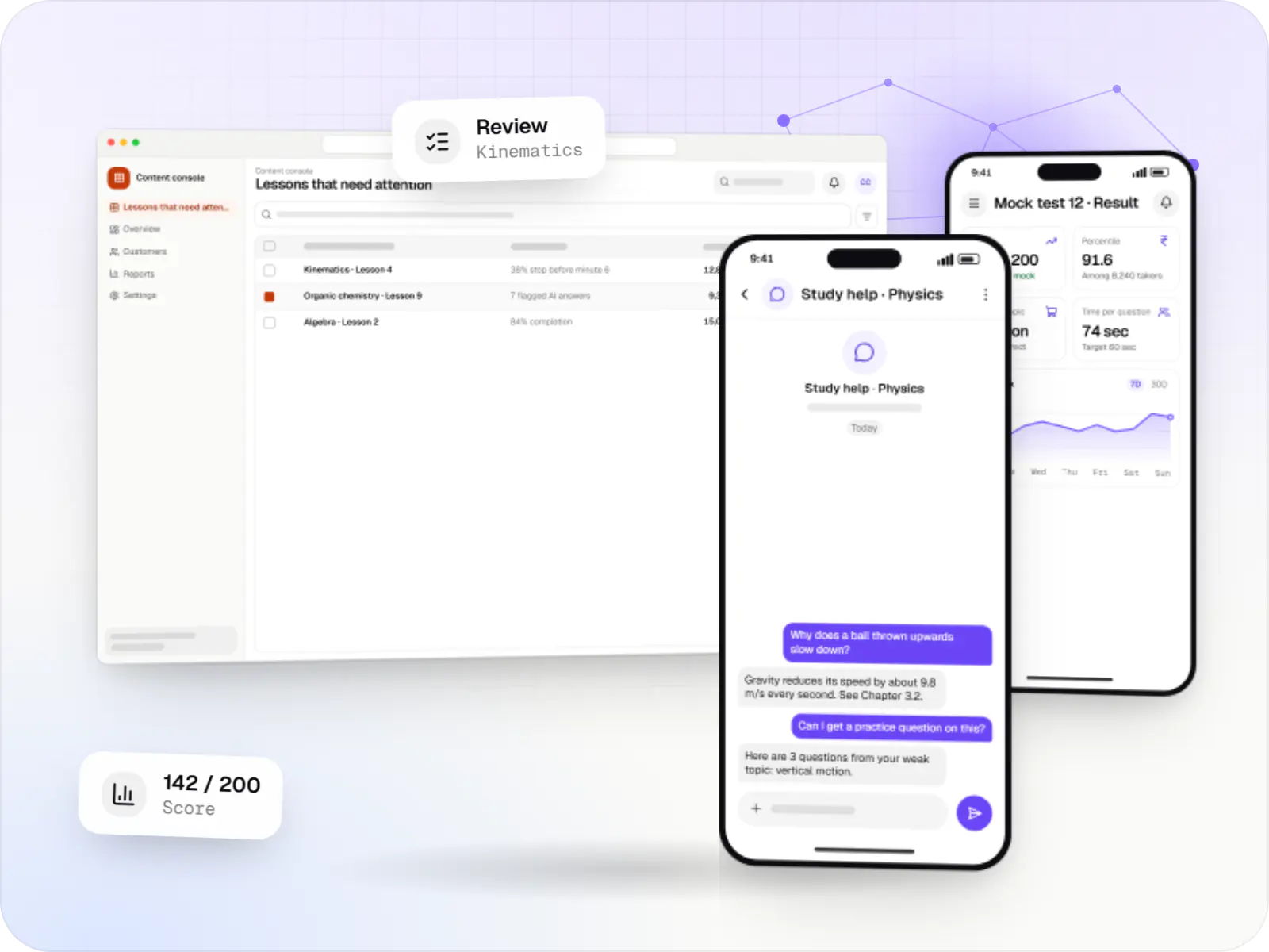 EdTech software screens: content console in a browser and learner app on two phones
