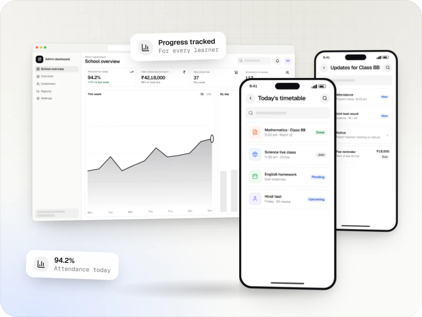 Education software screens: admin dashboard in a browser, student app on a phone and parent app on a phone