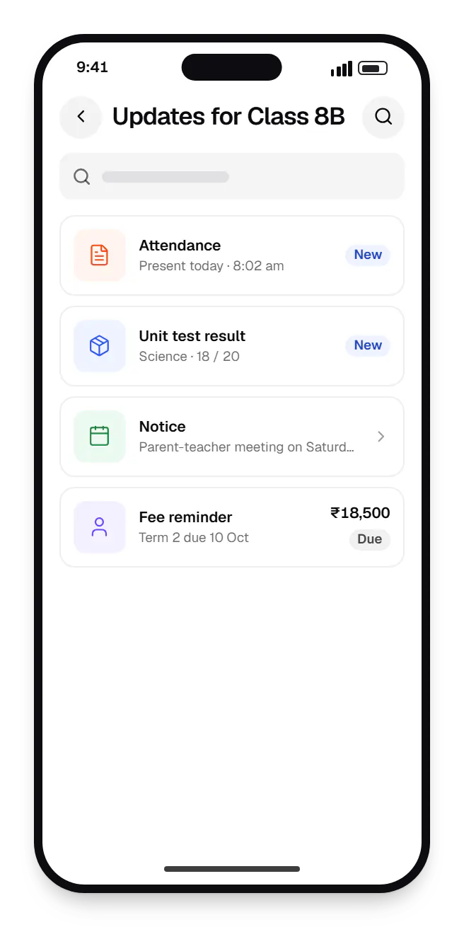 Education software parent app updates for class 8B on a phone, with 4 entries