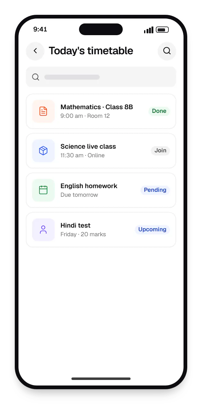 Education software student app today's timetable on a phone, with 4 entries