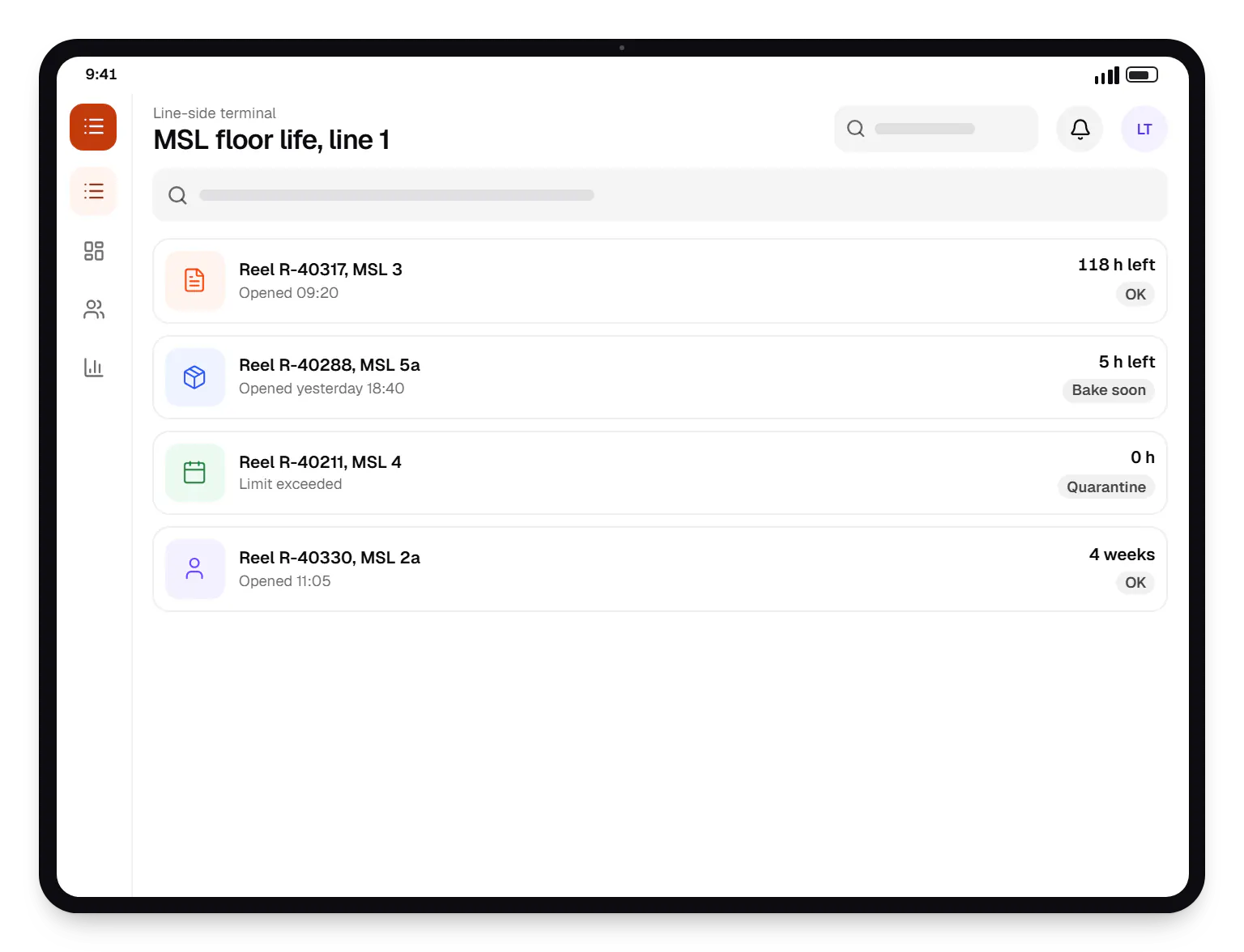 Electronics manufacturing software line-side terminal MSL floor life, line 1 on a tablet, with 4 entries